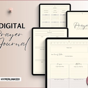 May include: Digital prayer journal with a cream background and black text. The journal includes sections for prayer requests, affirmations, and a daily scripture. The journal is hyperlinked.