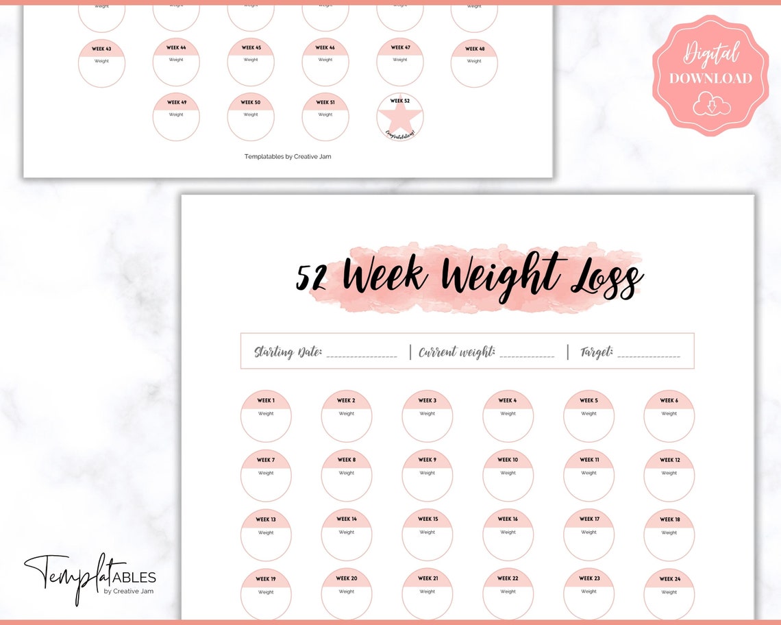 52 Week Weight Loss Tracker, 12 Month Challenge, Weightloss Journal ...