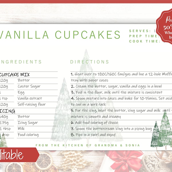 CHRISTMAS Recipe Card template, EDITABLE Recipe Template, Recipe Cards Printable, 4x6, Insert, Minimal, Sheet, Recipe Box, Xmas, Book