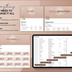 May include: A digital planner template with a brown background and gold accents. The template is divided into three sections: Task List, Collaborations, and Finances. Each section has a title and a list of tasks or items to be managed. The Task List section includes a master task list, a to-do list, and a list of completed tasks. The Collaborations section includes a list of sponsorships and collaborations. The Finances section includes a monthly budget tracker and a list of transactions.