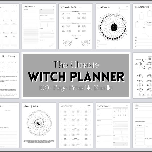 Witchy Planner, 2024 Witch Journal, Moon Calendar, Tarot Journal, Spell Book, Grimoire, Witchcraft, Witchy stuff, Goth Kit, Witchy Planner