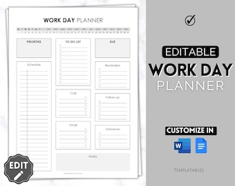 Editable Work Day Organizer, Daily Planner, Work from home To Do List, Printable Business Planner, Office Organizer, Digital Work Schedule