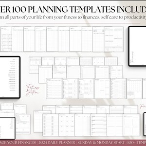May include: A digital planner with over 100 templates for managing finances, fitness, and productivity. The planner includes sections for daily planning, weekly planning, and monthly planning. The planner is designed to help you stay organized and on track with your goals.  MANAGE YOUR FINANCES | 2024 DAILY PLANNER | SUNDAY & MONDAY START | 100 TEMPLATES