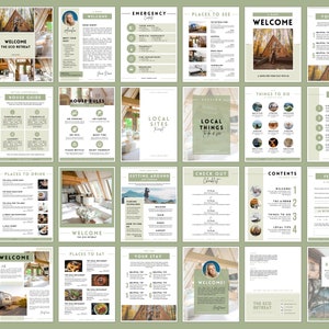 May include: A 20-page guide for guests staying at The Eco Retreat. The guide includes information on the local area, things to do, and house rules. The guide is designed with a rustic, nature-inspired theme.