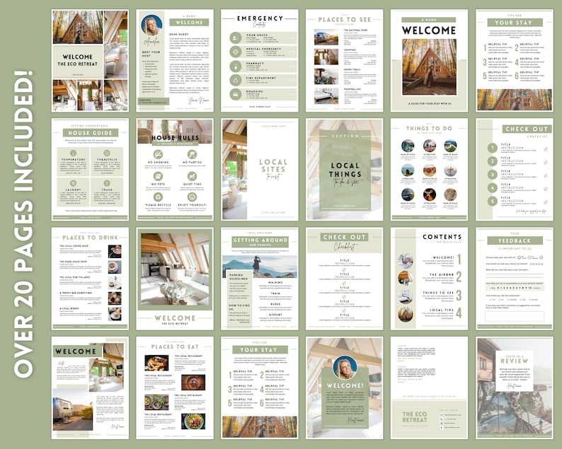 May include: A 20-page guide for guests staying at The Eco Retreat. The guide includes information on the local area, things to do, and house rules. The guide is designed with a rustic, nature-inspired theme.
