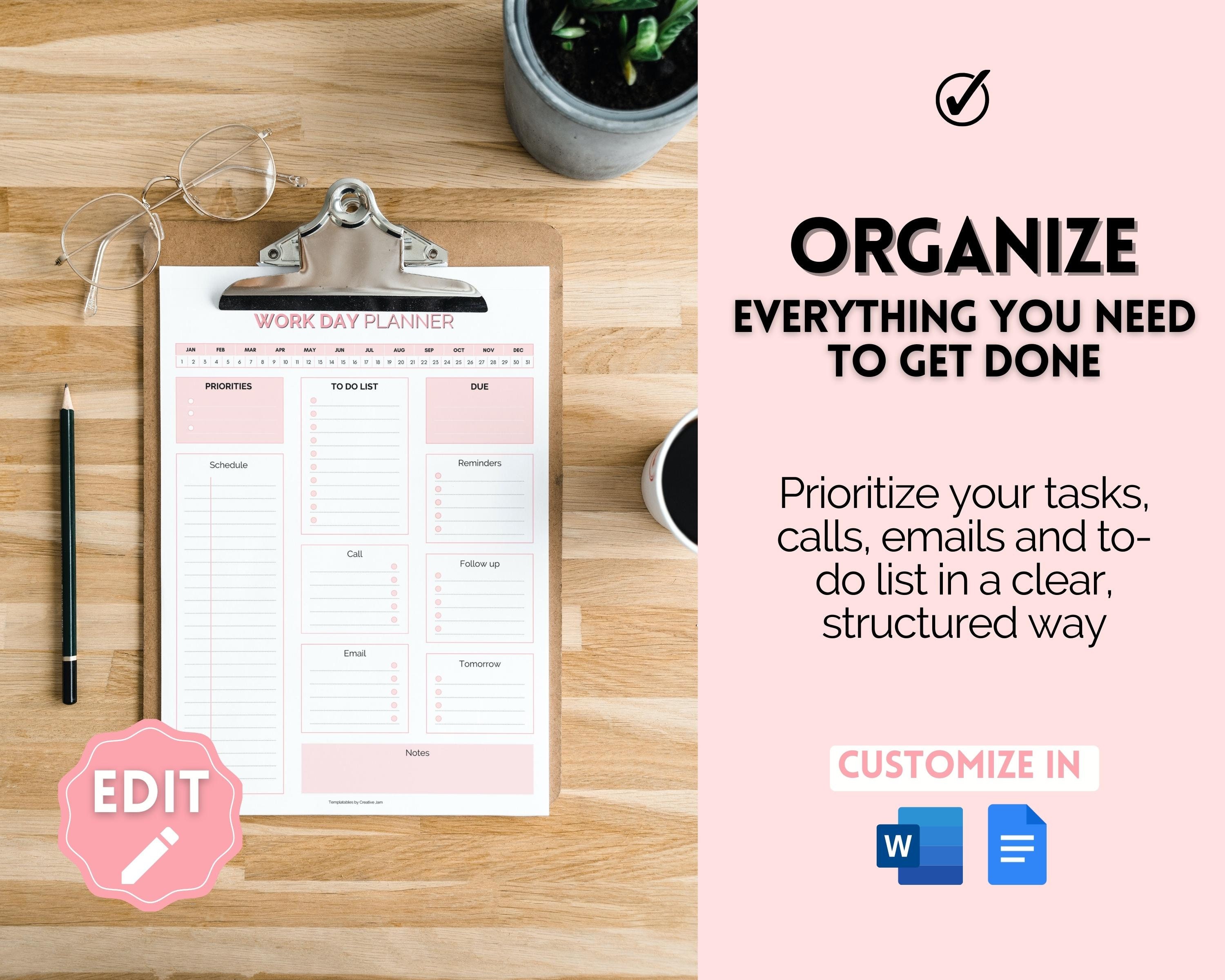 EDITABLE Daily Planner, Work Day Organizer, Work From Home to Do List ...
