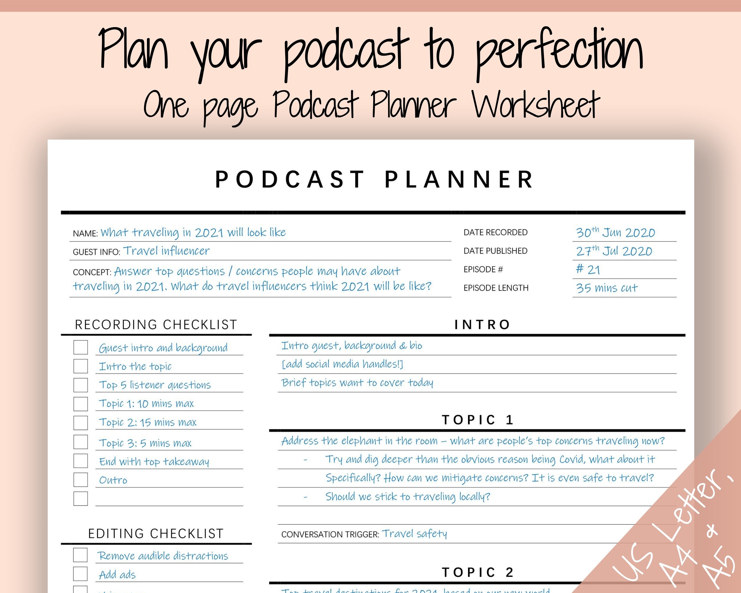 EDITABLE Podcast Planner Template, Podcast Checklist, Content Calendar