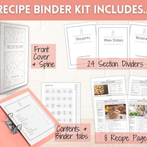 Puede incluir: Un kit de carpeta de recetas gris con un dise&ntilde;o blanco de utensilios de cocina. El kit incluye una portada, lomo, 24 divisores de secci&oacute;n, pesta&ntilde;as de carpeta y 8 p&aacute;ginas de recetas. El texto "RECIPE BINDER" est&aacute; impreso en la portada.
