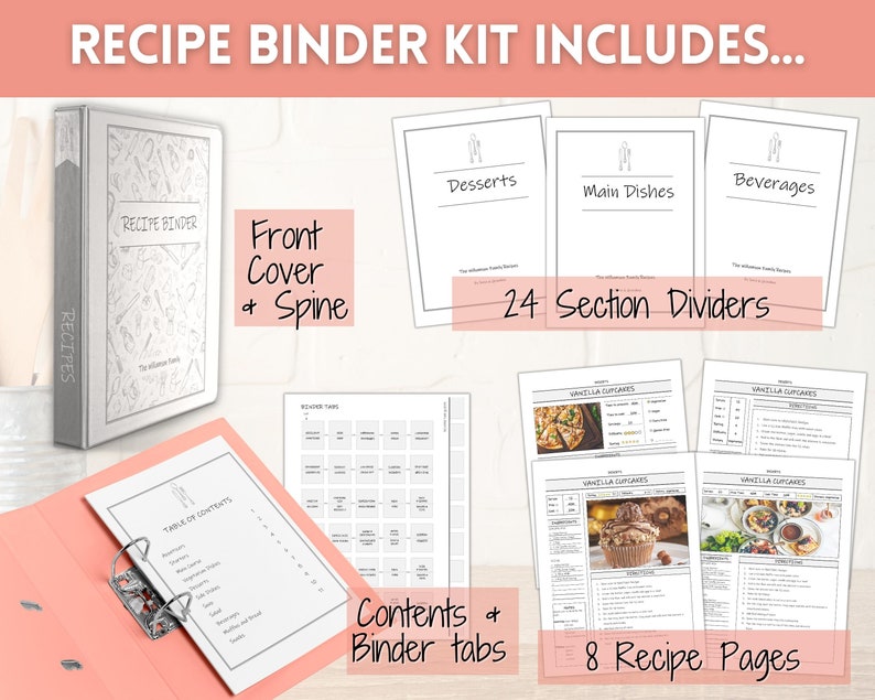 Puede incluir: Un kit de carpeta de recetas gris con un dise&ntilde;o blanco de utensilios de cocina. El kit incluye una portada, lomo, 24 divisores de secci&oacute;n, pesta&ntilde;as de carpeta y 8 p&aacute;ginas de recetas. El texto "RECIPE BINDER" est&aacute; impreso en la portada.