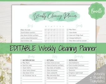 Wöchentliche Reinigungs-Checkliste, EDITIERBARER Zeitplan, Reinigungsplaner, wöchentliche Hausarbeit, Hausreinigungs-Routine, monatliches Planer-Paket, Herausforderung
