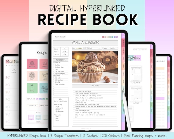Digital Recipe Book, Recipe Template, Digital Meal Planner, Cookbook Template, Recipe Binder Kit, Blank Recipe Card, GoodNotes, iPad Recipes