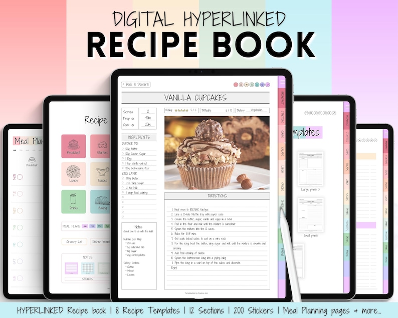 K&ouml;nnte beinhalten: Ein digitales Rezeptbuch mit einem farbenfrohen Cover und einem Bildschirm, der ein Rezept f&uuml;r Vanille-Cupcakes zeigt. Das Buch enth&auml;lt 8 Rezeptvorlagen, 12 Abschnitte, 200 Sticker, Seiten zur Men&uuml;planung und mehr.