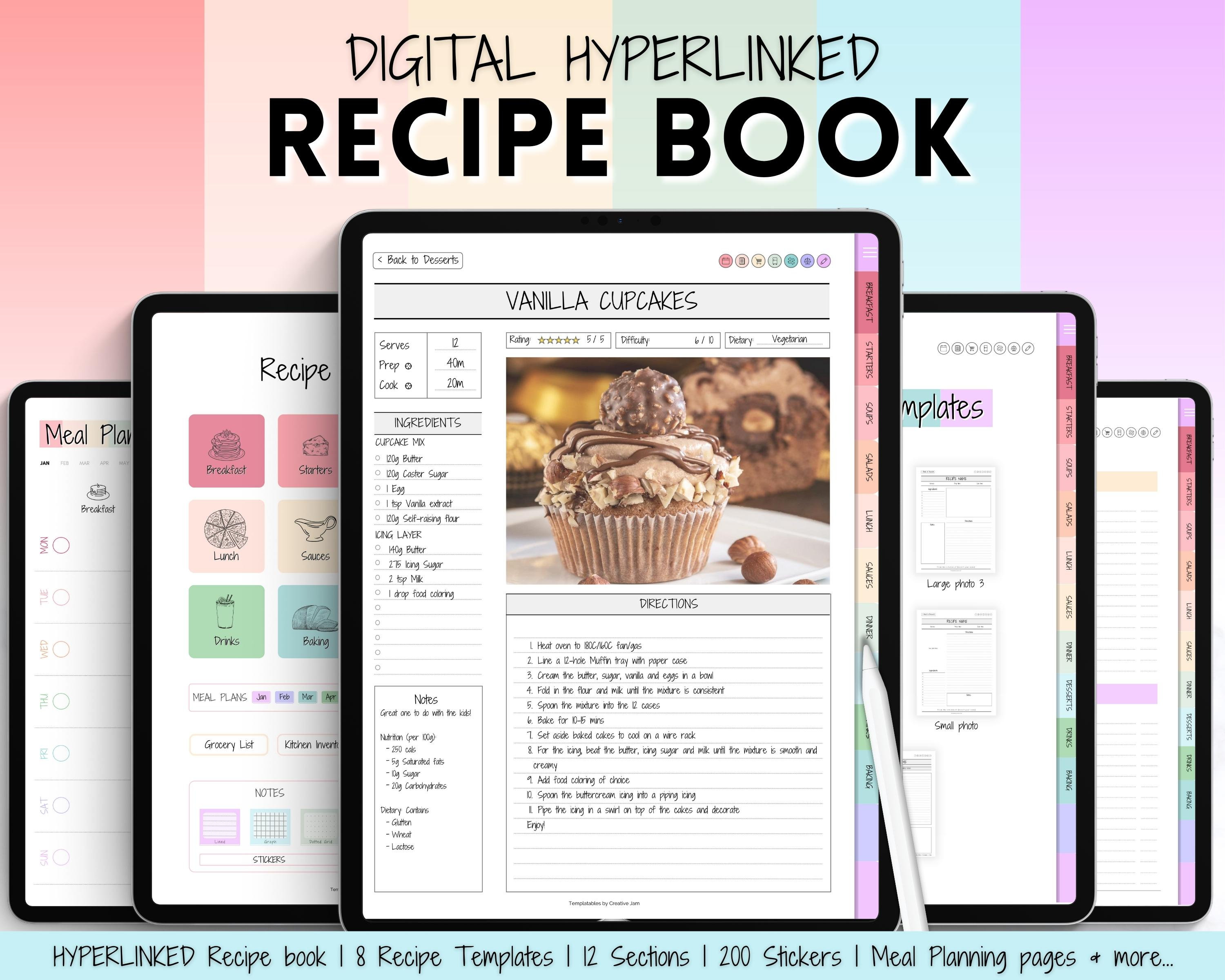 Digital Recipe Book, Recipe Template, Digital Meal Planner, Cookbook Template, Recipe Binder Kit, Blank Recipe Card, GoodNotes, iPad Recipes