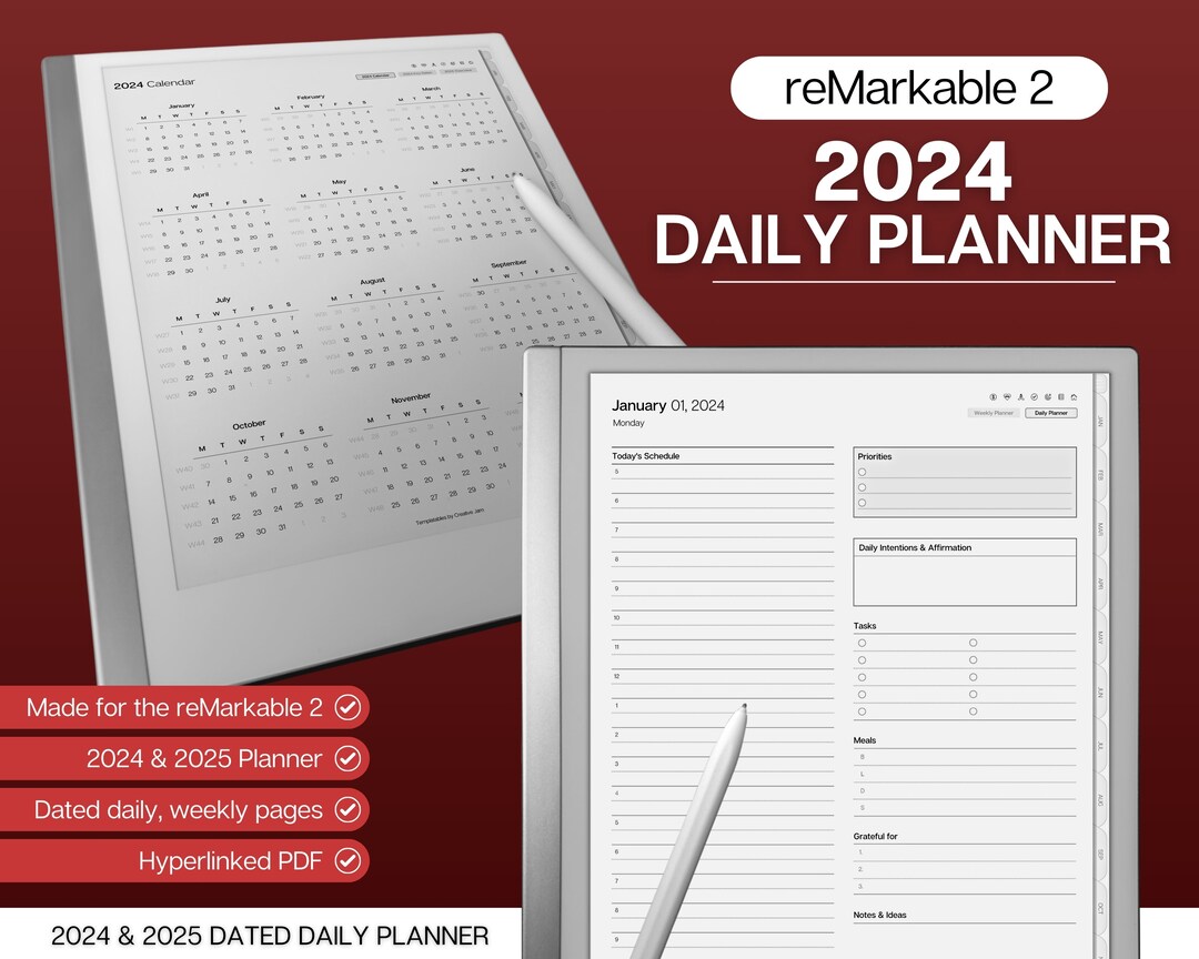 Remarkable 2 Templates 2024 DAILY Planner, Remarkable Digital Planner, Remarkable Calendar, Mid
