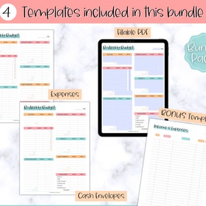 May include: Four printable budget templates in a bundle pack. The templates include a bi-weekly budget, a weekly budget, an income and expenses tracker, and a cash envelope tracker. The templates are designed with a pastel color scheme and are fillable.