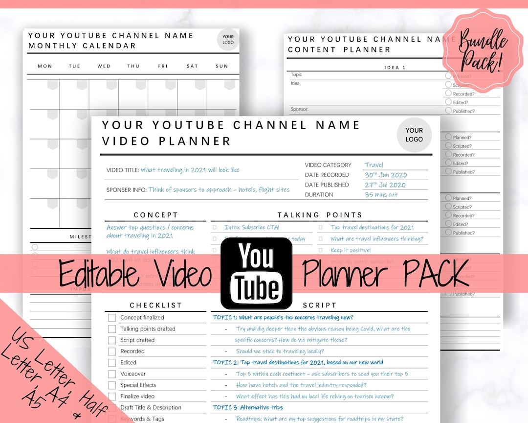Youtube Planner, Video Planner, Social Media Content Calendar, EDITABLE Youtube Planner, Video Planner, Social Media Content Calendar, EDITABLE