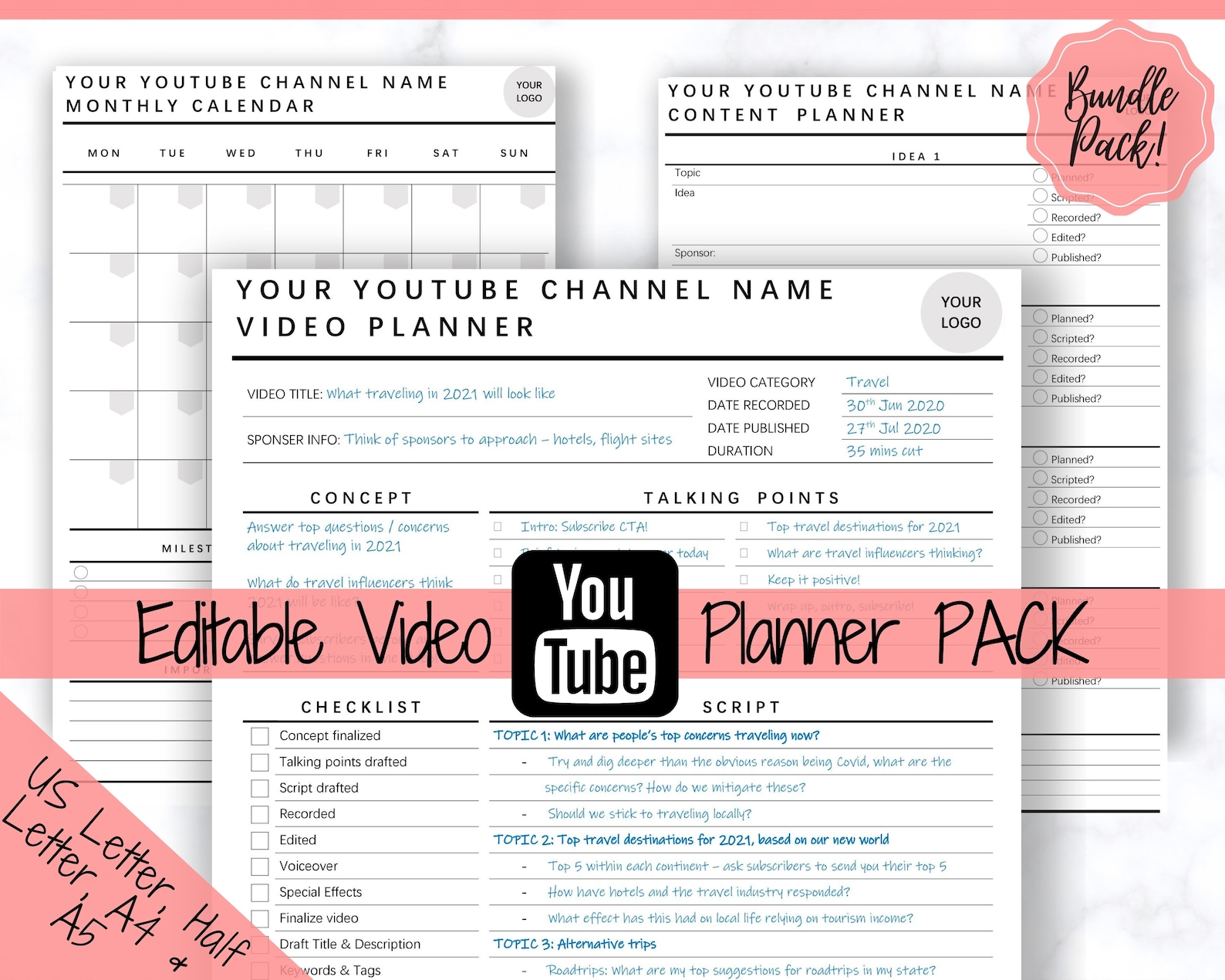 Youtube Planner, Video Planner, Social Media Content Calendar, EDITABLE ...
