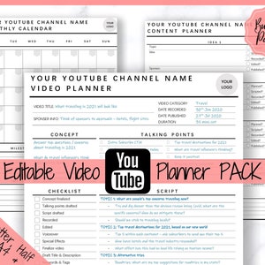 Youtube Planner, Video Planner, Social Media Content Calendar, EDITABLE BUNDLE, Printable Vlog Checklist, You Tube Template, Script, Tracker