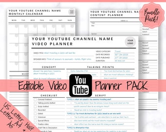 BEWERKBARE Youtube Planner BUNDEL, Video Planner, Social Media Content Kalender, Afdrukbare Vlog Checklist, You Tube Template, Script, Tracker