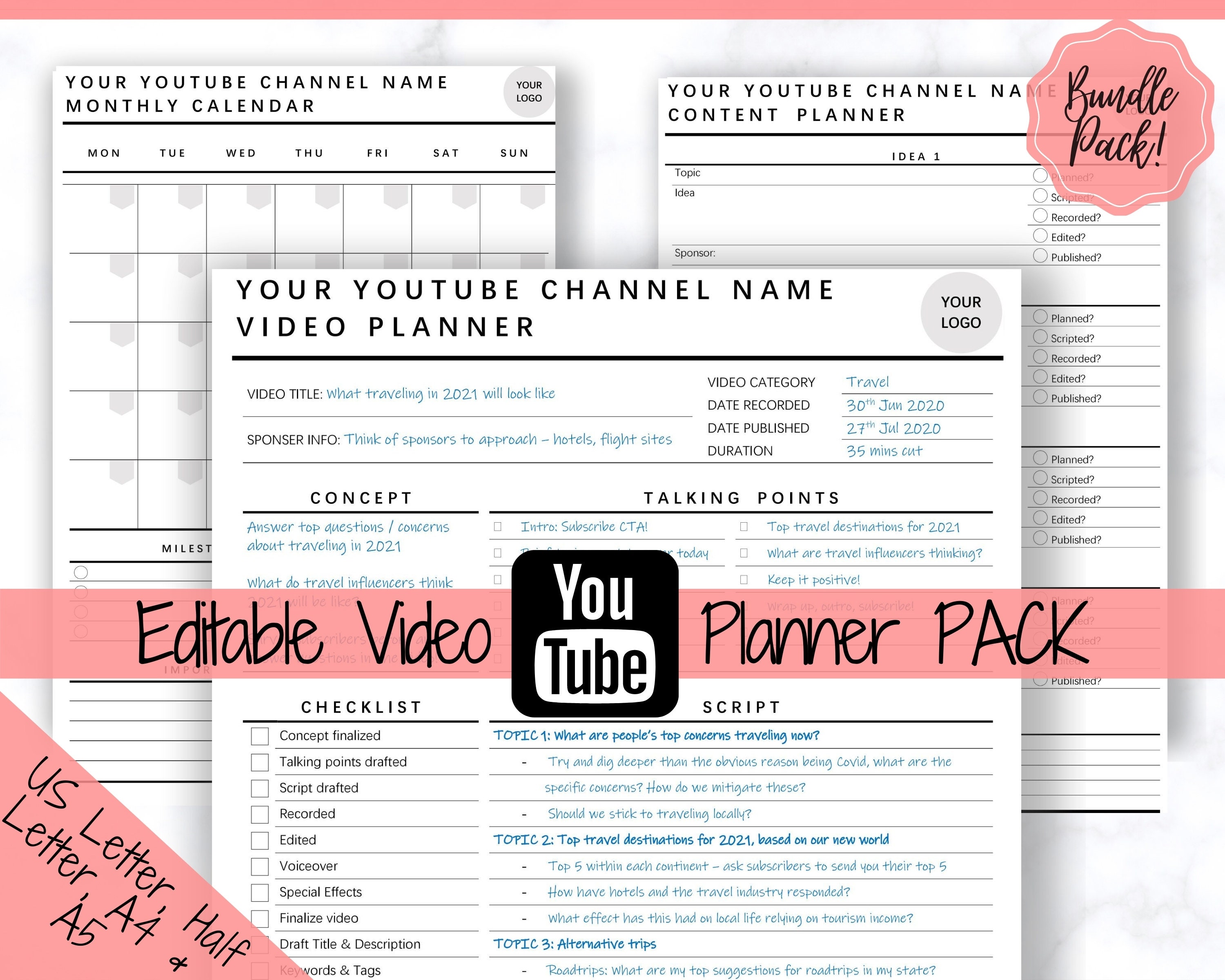 Youtube Planner Video Planner Social Media Content Calendar - Etsy