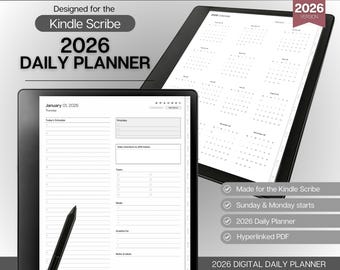 Plantilla para Kindle Scribe, Planificador diario 2026, Kindle Scribe, Planificador digital con hipervínculos, Calendario, Planificador para Kindle Scribe