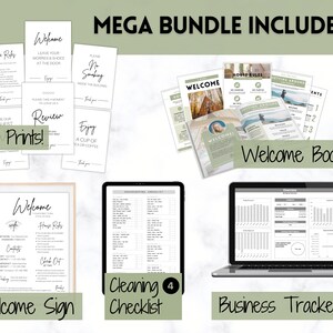 May include: A digital bundle includes 15 prints, a welcome book, a welcome sign, a cleaning checklist, and a business tracker. The prints have phrases like "Welcome" and "House Rules". The welcome book has a photo of a person. The business tracker is on a laptop.