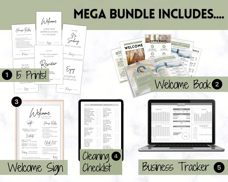 May include: A digital bundle includes 15 prints, a welcome book, a welcome sign, a cleaning checklist, and a business tracker. The prints have phrases like "Welcome" and "House Rules". The welcome book has a photo of a person. The business tracker is on a laptop.