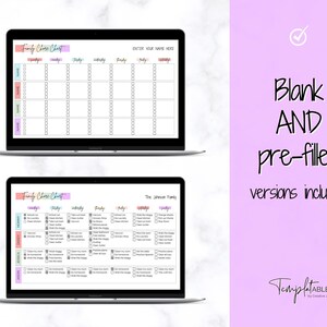 May include: A digital image of a laptop screen displaying a printable family chore chart. The chart is divided into days of the week and includes a list of chores. The chart is available in both blank and pre-filled versions. The text "Family Chore Chart" is displayed at the top of the chart.