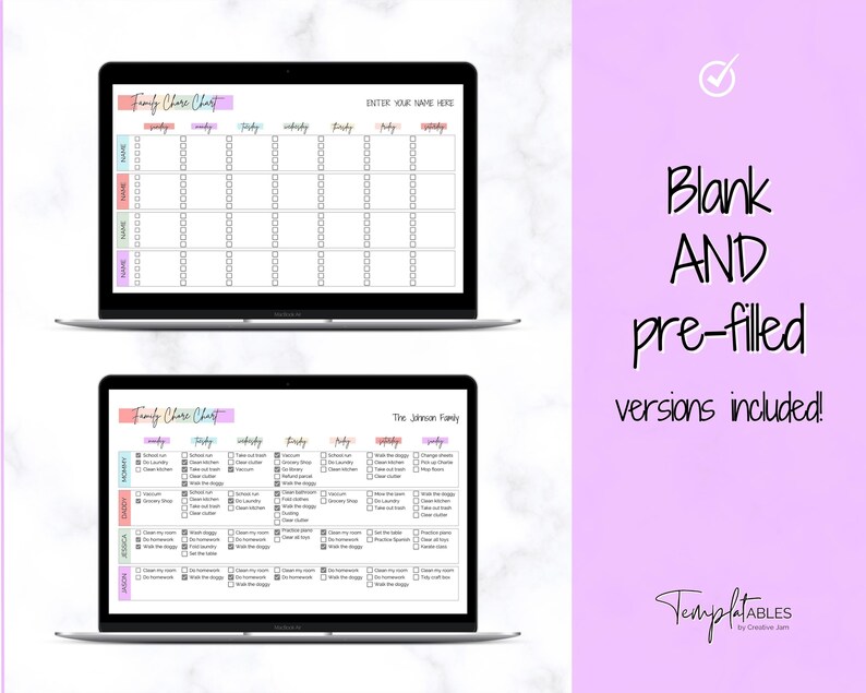 May include: A digital image of a laptop screen displaying a printable family chore chart. The chart is divided into days of the week and includes a list of chores. The chart is available in both blank and pre-filled versions. The text "Family Chore Chart" is displayed at the top of the chart.