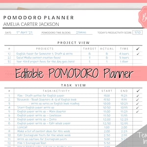 Editable POMODORO Planner, Productivity Planner Pages, Student Project Planner, Printable To Do List, Daily Pomodoro Time & Task Tracker