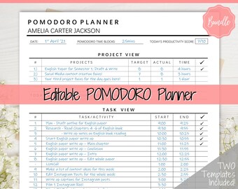 Editable POMODORO Planner, Productivity Planner Pages, Student Project Planner, Printable To Do List, Daily Pomodoro Time & Task Tracker