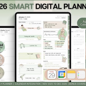 以下が含まれることがあります： 「2026 Smart Digital Planner」のテキストが表示されたタブレットのデジタルプランナー。カレンダー連携、デジタルカバー、テンプレートが含まれています。画像には、イラストとテキストが記載された週間プランナーとデイリープランナーが表示されています。