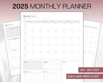 Páginas de planificación mensual 2025, calendario mensual imprimible con fecha 2025, resumen mensual, lista de tareas pendientes mensuales, resumen mensual, planificador 2025