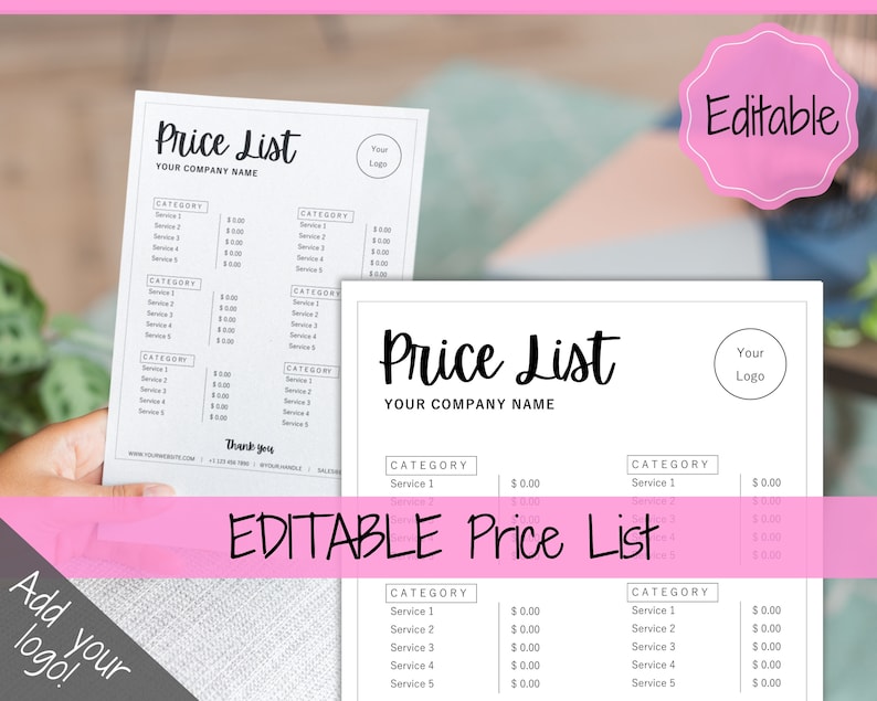 PRICE LIST Template Editable. Printable Price Sheet Price | Etsy