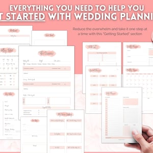 May include: A printable wedding planning checklist with sections for getting started, the ceremony, big day, to do list, daily planner, monthly planner, and overall planner. The checklist is designed with a pink and white color scheme.