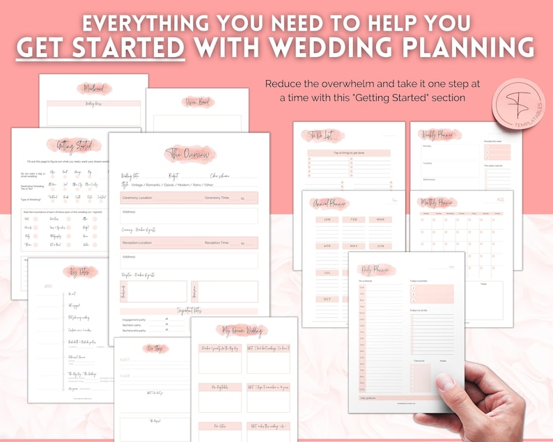 May include: A printable wedding planning checklist with sections for getting started, the ceremony, big day, to do list, daily planner, monthly planner, and overall planner. The checklist is designed with a pink and white color scheme.