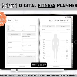 Op de afbeelding: Een digitale fitnessplanner op een tabletscherm. De planner bevat secties voor het bijhouden van lichaamsmetingen, het stellen van doelen en het creëren van gezonde gewoonten. De planner is hyperlinked, wat betekent dat de gebruiker op links kan klikken om toegang te krijgen tot extra informatie of bronnen. De planner bevat ook meer dan 1.500 bonus stickers.