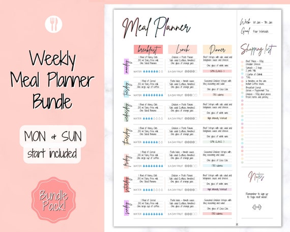 Colorful Meal Planner Printable, Weekly Food Diary, Meal Tracker, Food Journal, Menu Plan & Prep, Grocery List! Diet, Fitness, Health, Pink