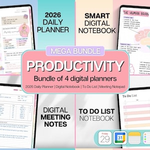 May include: A digital productivity bundle featuring four digital planners: a 2026 daily planner, a smart digital notebook, a to-do list notebook, and digital meeting notes. The image displays the planner interfaces on tablets, with a pink and purple color scheme.