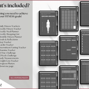 May include: A digital planner with over 600 pages for fitness tracking. The planner includes daily fitness trackers, weekly meal planners, shopping lists, and more. All pages are hyperlinked.