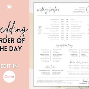 Wedding Day Timeline Template, EDITABLE order of events, Wedding Timeline, Wedding Schedule, Wedding Day Timeline, wedding itinerary program
