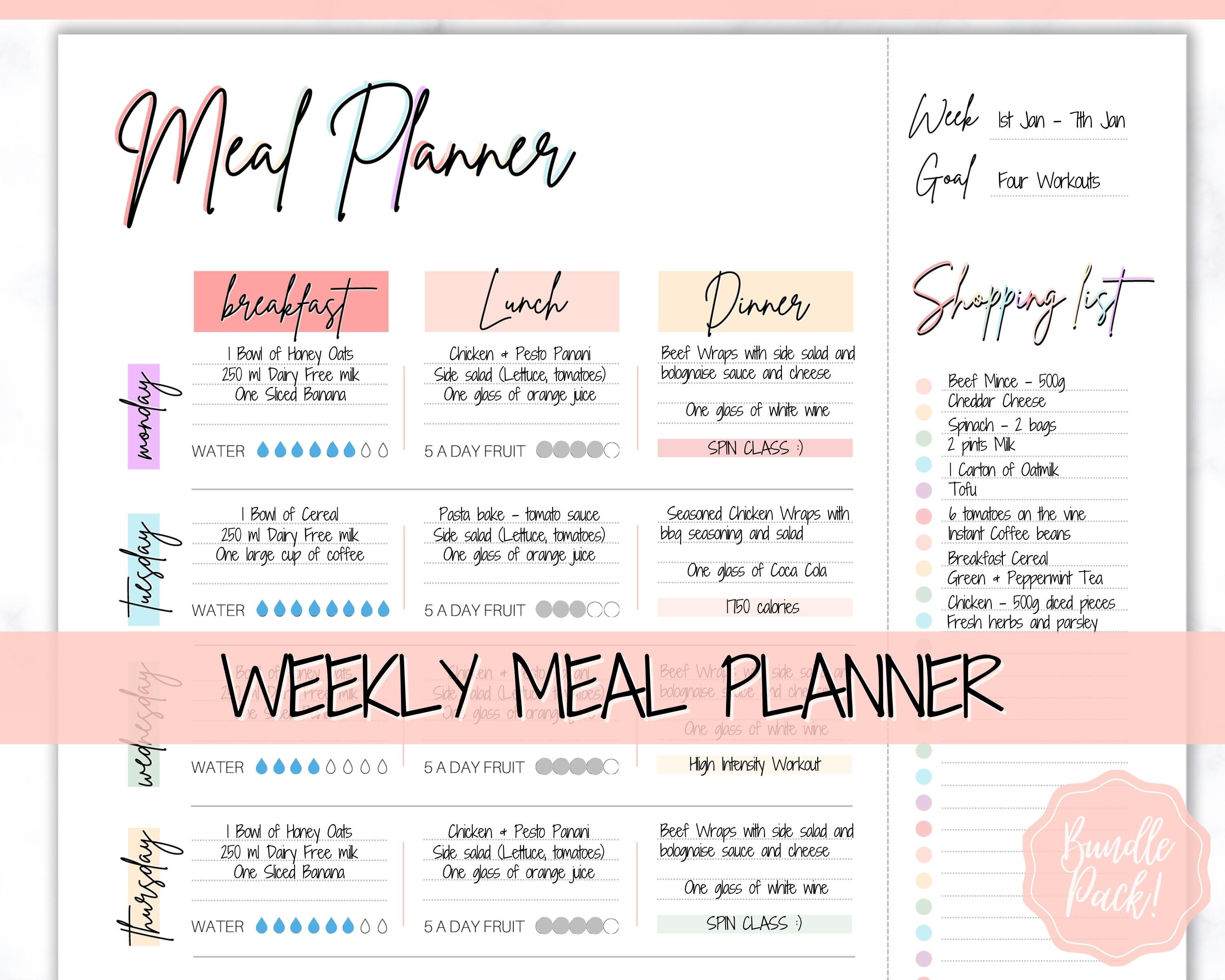Paper Printable Coffee Lover Meal Planner Shopping List PDF Food Diary 