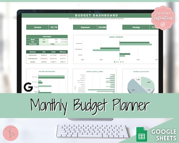 Monthly Budget Template, Google Sheets Budget Planner, Easy Budget Spreadsheet, Automated Paycheck Financial Planner, Expenses Savings Excel