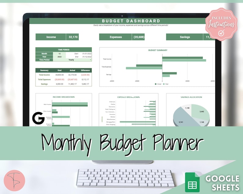 Monthly Budget Template, Google Sheets Budget Planner, Easy Budget Spreadsheet, Automated Paycheck Financial Planner, Expenses Savings Excel image 1