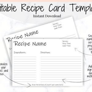 EDITABLE Recipe Card template, Recipe Template, Recipe Cards Printable, Simple, Retro, 4x6, Insert, Minimal, Sheet, Recipe Box, Sheet, Book image 2