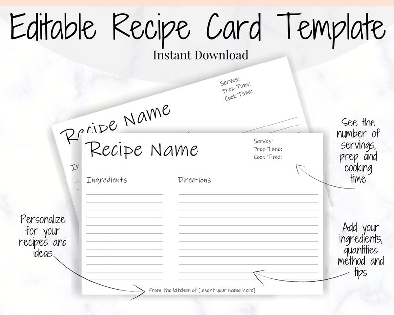 EDITABLE Recipe Card template, Recipe Template, Recipe Cards Printable, Simple, Retro, 4x6, Insert, Minimal, Sheet, Recipe Box, Sheet, Book image 2