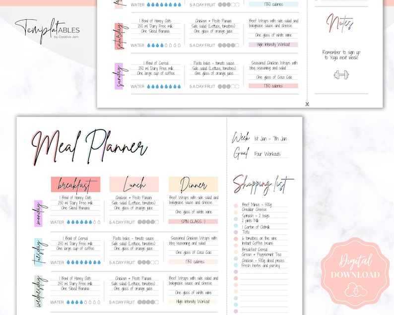 Meal Planner Printable, Weekly Food Diary, Meal Tracker, Food Journal, Menu Plan & Prep, BONUS Grocery List Diet, Fitness, Health, Pink image 6