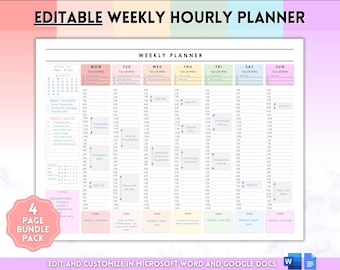 Weekly Hourly Planner EDITABLE Weekly Schedule, Daily Planner, Undated Planner, 2024 Weekly Organizer, To Do List printable, Adhd, Colorful