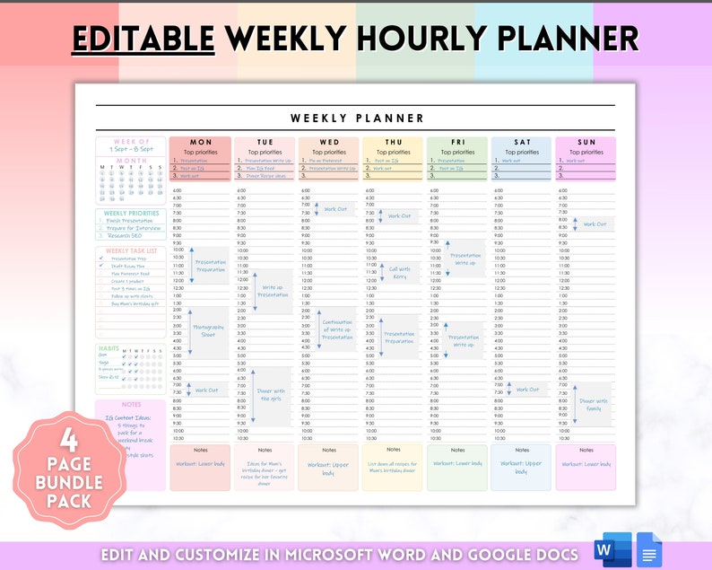 Weekly Hourly Planner EDITABLE Weekly Schedule, Daily Planner, Undated Planner, 2024 Weekly Organizer, To Do List printable, Adhd, Colorful image 1