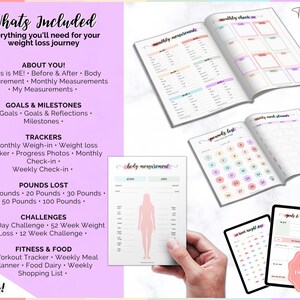 May include: A digital printable weight loss journal with 30 pages. The journal includes sections for monthly measurements, goals and reflections, trackers, pounds lost, challenges, fitness and food, and a weekly meal planner. The journal is designed with a pink and green colour scheme.